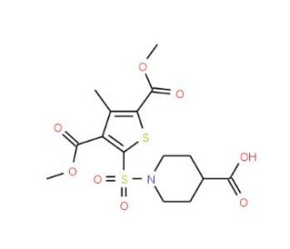 1-{[3,5-bis(methoxycarbonyl)-4-methylthien-2-yl]sulfonyl}piperidine-4-carboxylic acid (CAS 731003-70-6) - chemical structure