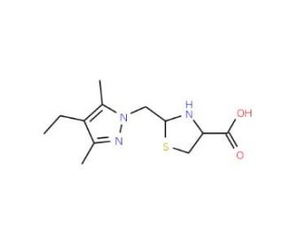 2-[(4-Ethyl-3,5-dimethyl-1H-pyrazol-1-yl)methyl]-1,3-thiazolidine-4-carboxylic acid - chemical structure image