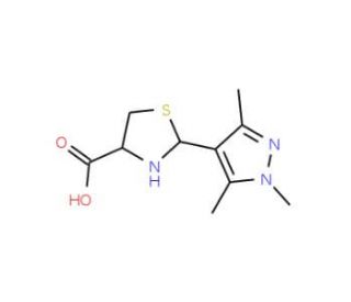 2-(1,3,5-Trimethyl-1H-pyrazol-4-yl)-1,3-thiazolidine-4-carboxylic acid (CAS 1218739-03-7) - chemical structure image