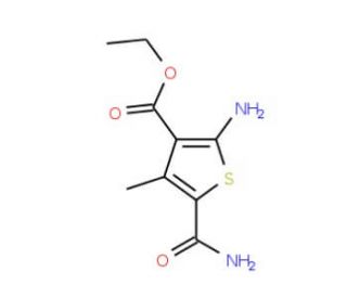 2-Amino-5-carbamoyl-4-methyl-thiophene-3-carboxylic acid ethyl ester (CAS 43028-63-3) - chemical structure image