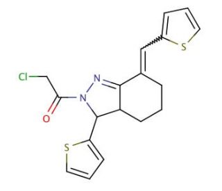 2-Chloro-1-(3-thiophen-2-yl-7-thiophen-2-ylmethylene-3,3a,4,5,6,7-hexahydro-indazol-2-yl)-ethanone - chemical structure image