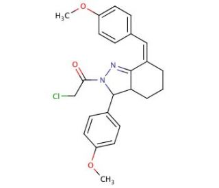 2-Chloro-1-[7-(4-methoxy-benzylidene)-3-(4-methoxy-phenyl)-3,3a,4,5,6,7-hexahydro-indazol-2-yl]-ethanone - chemical structure
