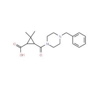 3-[(4-Benzylpiperazin-1-yl)carbonyl]-2,2-dimethylcyclopropanecarboxylic acid - chemical structure image
