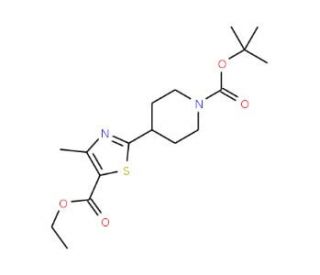 4-[5-(Ethoxycarbonyl)-4-methyl-1,3-thiazol-2-yl)piperidine, N-BOC protected (CAS 852180-50-8) - chemical structure image