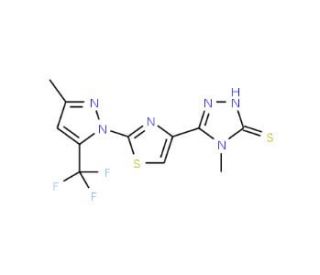 4-Methyl-5-{2-[3-methyl-5-(trifluoromethyl)-1H-pyrazol-1-yl]-1,3-thiazol-4-yl}-4H-1,2,4-triazole-3-t - chemical structure ima