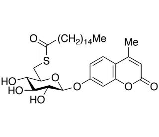 4-Methylumbelliferyl 6-thio-palmitate-&beta;-D-glucopyranoside (CAS 229644-17-1) - chemical structure image