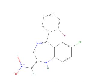 7-Chloro-1,3-dihydro-5-(2-fluorophenyl)-2-nitromethyl-ene-2H-1,4-benzodiazepine (CAS 59467-63-9) - chemical structure image