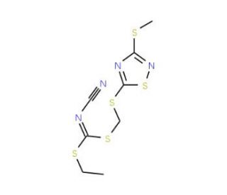 Ethyl {[3-(methylthio)-1,2,4-thiadiazol-5-ylthio]methyl} cyanocarbonimidodithioate (CAS 109348-94-9) - chemical structure ima