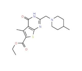 ethyl 5-methyl-2-[(4-methylpiperidin-1-yl)methyl]-4-oxo-3,4-dihydrothieno[2,3-d]pyrimidine-6-carboxylate - chemical structure