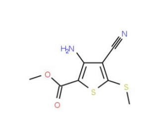 Methyl 3-amino-4-cyano-5-(methylthio)thiophene-2-carboxylate (CAS 129332-45-2) - chemical structure image