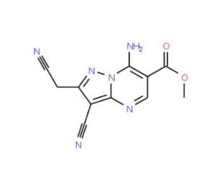 Methyl 7-amino-3-cyano-2-(cyanomethyl)-pyrazolo[1,5-a]pyrimidine-6-carboxylate (CAS 886361-35-9) - chemical structure image
