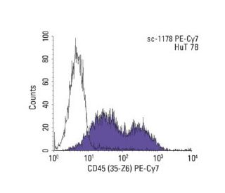 CD45 (35-Z6): sc-1178. Indirect FCM analysis of HuT 78 cells stained with CD45 (35-Z6), followed by PE-Cy7-conjugated goat 