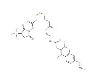 Sulphosuccinimidyl 2-(7-azido-4-methylcoumarin-3-acetamide)ethyl-1,3-dithiopropionate (CAS 1172490-00-4) - chemical structure